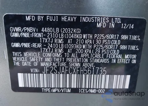 2015 Subaru Forester 2.5I Premium из США, поврежденный, VIN JF2SJAFCXFH561735